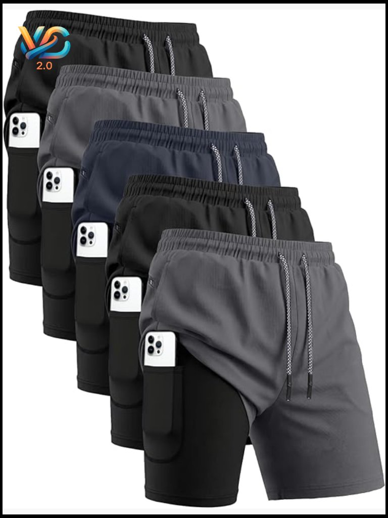 5 Pack Men's 2 In 1 Running Shorts With Liner Quick Dry Athletic Pockets